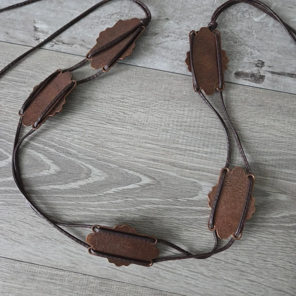 Boho Amber Stone Medallion Tie Belt Brown Faux Leather Western Festival Waist 28